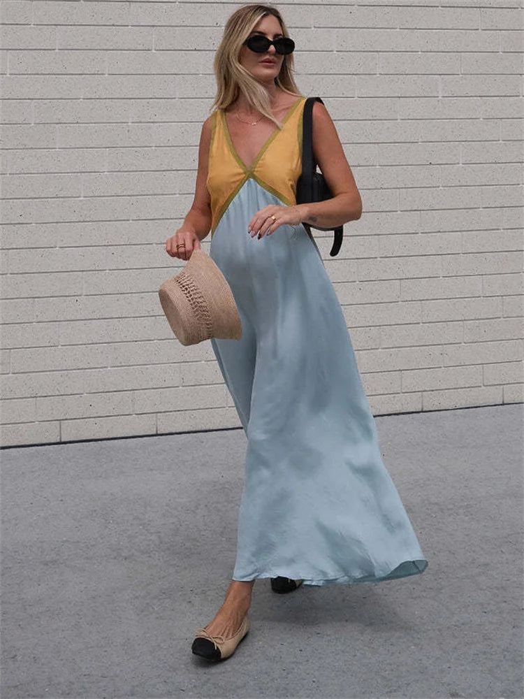 Patchwork V-neck Strapless Maxi Dress – Sleeveless Spring Party Dress