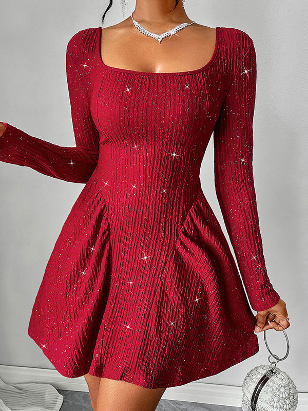 A-line Long Sleeves Backless Pleated Shiny Color U-neck Mini Dresses