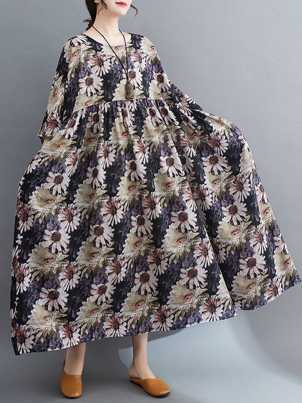 Loose Raglan Sleeve Printed Pleated Split-joint Round-neck Midi Dresses