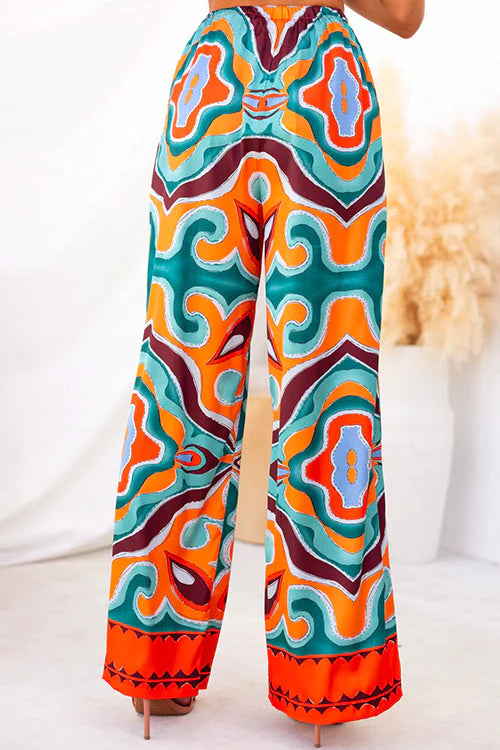 Oh So Satin Abstract Print Satin Elastic Waist Pocketed Wide Leg Pants