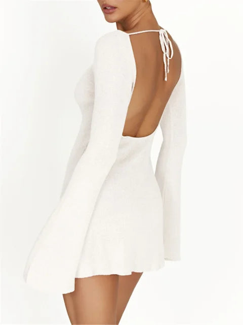 Backless Striped Knitwear Mini Dress Lace-up Long Sleeve for Holiday Beach Summer Dress Slim Dress