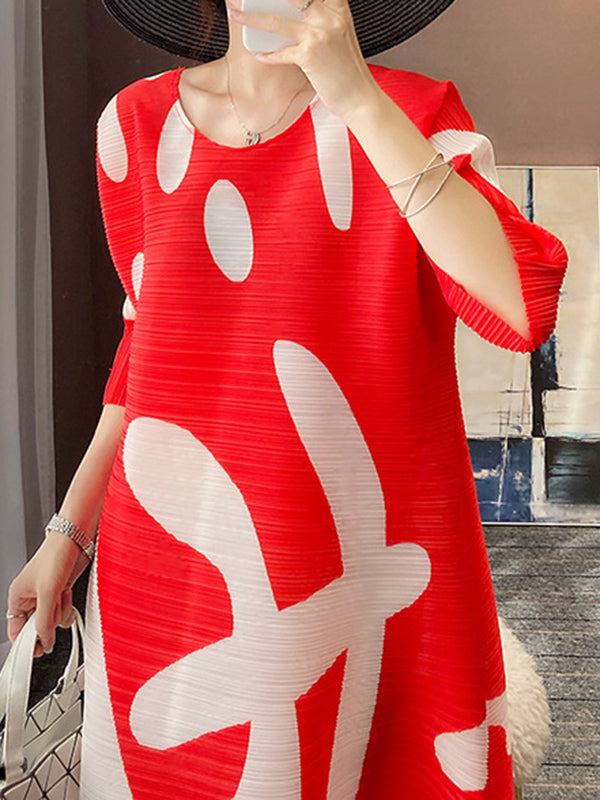 Loose Three-quarter Sleeves Pleated Printed Round-neck Midi Dresses