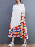 Loose Short Sleeves Multi-colored Polka-dot Split-joint Round-neck Midi Dresses