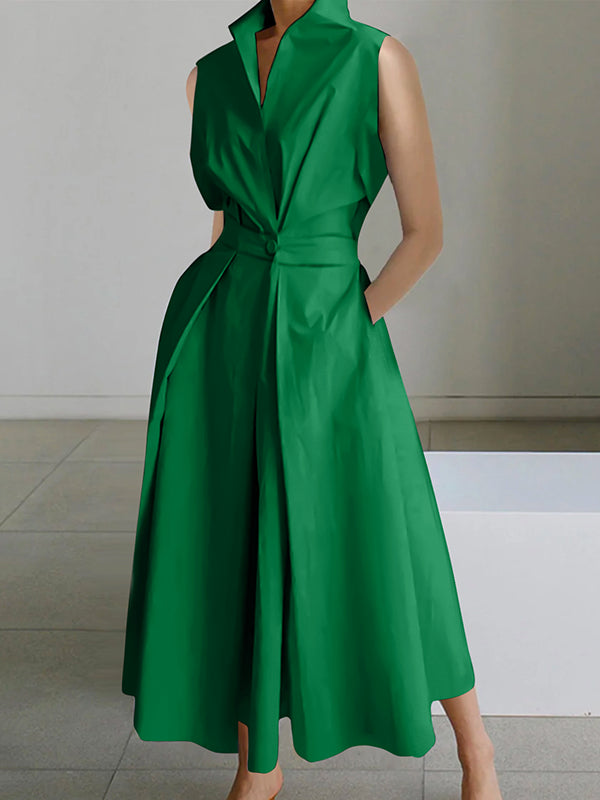 Sleeveless Color Lapel Midi Dresses