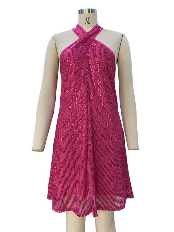 A-line Loose Hollow Sequined Color Halter-neck Mini Dresses