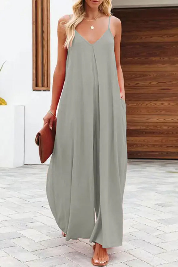 Color Side Pocket Wide-leg Suspender Jumpsuit