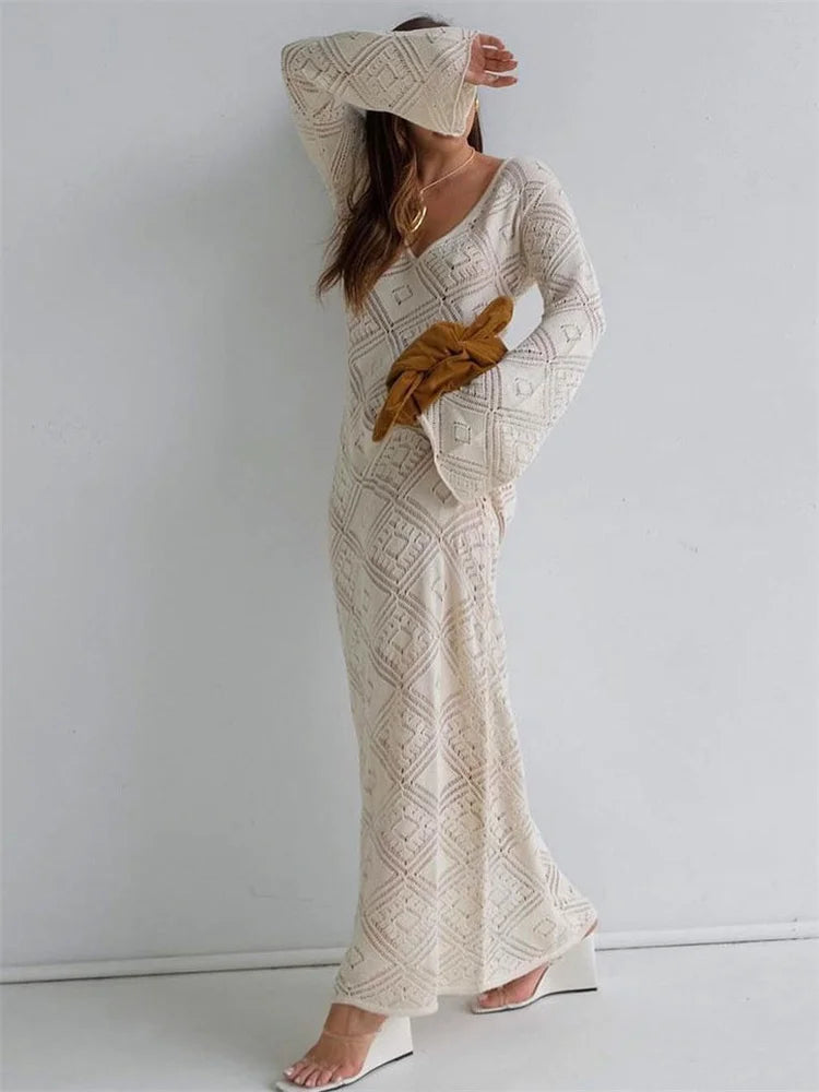 See-through Loose Dress Flared Sleeve for Backless Hollow Out Holiday Beach Outfits V-neck Pullover Maxi Dress