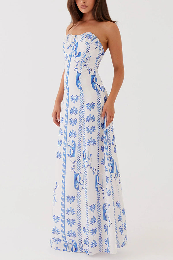 Freya Linen Blend Wave Print Ruched Bust Strapless Maxi Dress