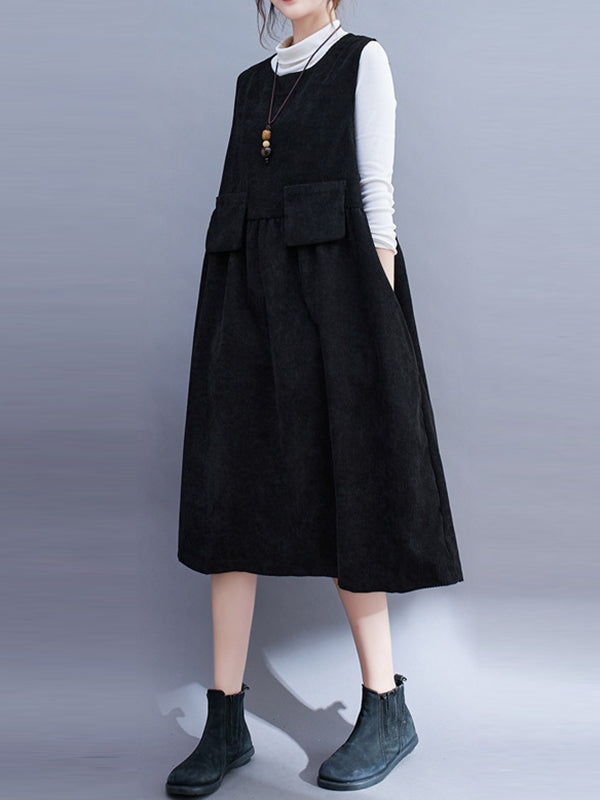 Artistic Retro Loose Sleeveless Color Round-neck Midi Dresses