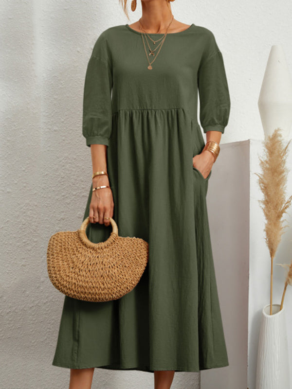 11 Colors Simple Round-neck Color Midi Dress