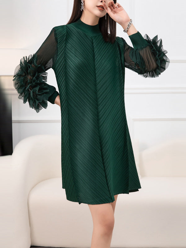Long Sleeves Loose Embroidered Pleated Color Round-neck Midi Dresses