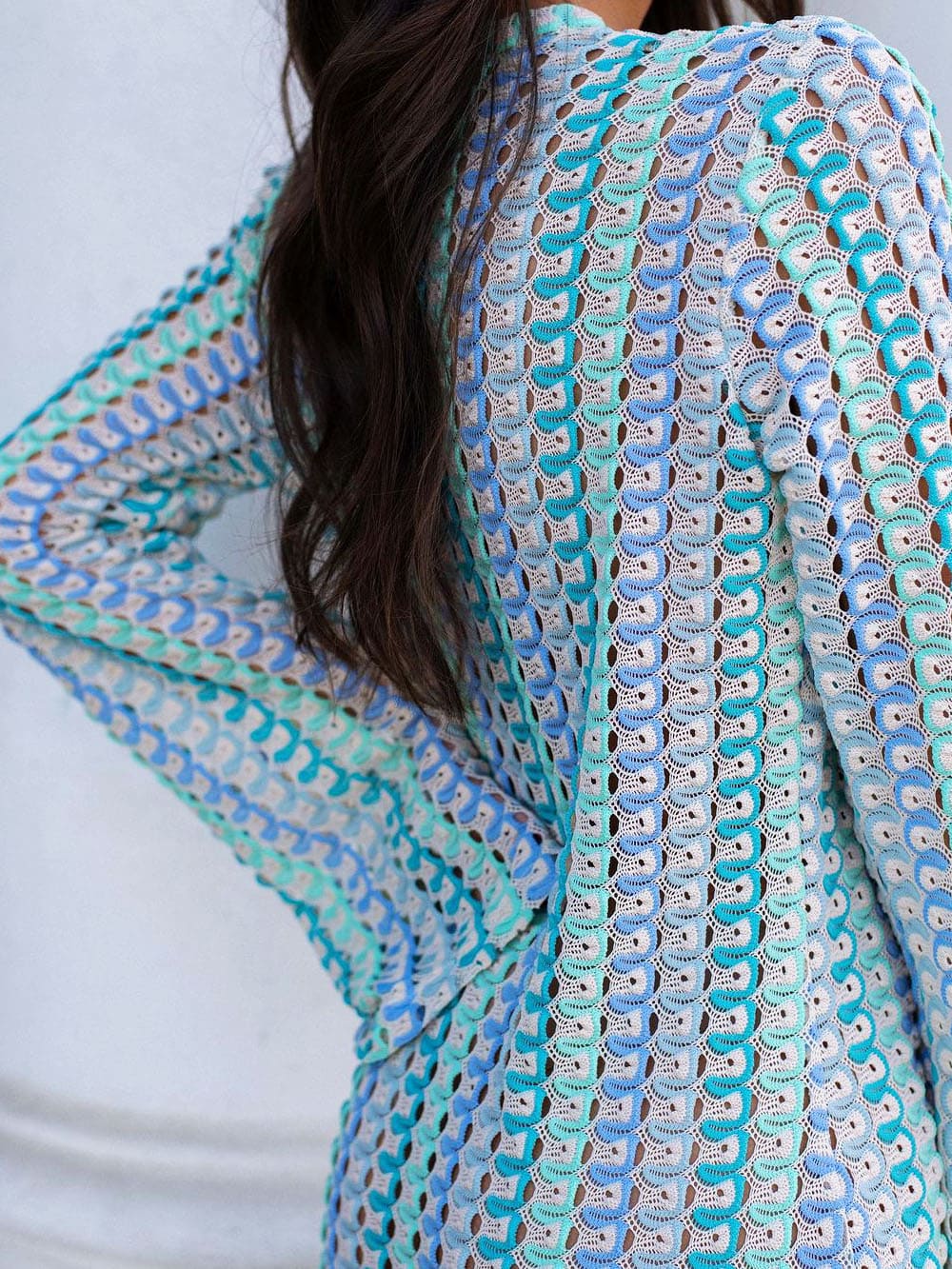 V Neck Bell Sleeve Wavy Striped Crochet Beach Vacation Maxi Dress - Blue