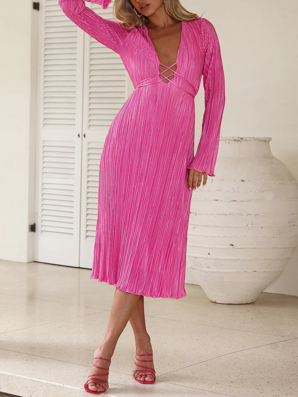 Mountain Vistas Draped Pleated Bell-sleeve Midi Dress