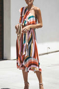 Striped One Off Shoulder Sleeveless Ruffle Irregular Midi Dress