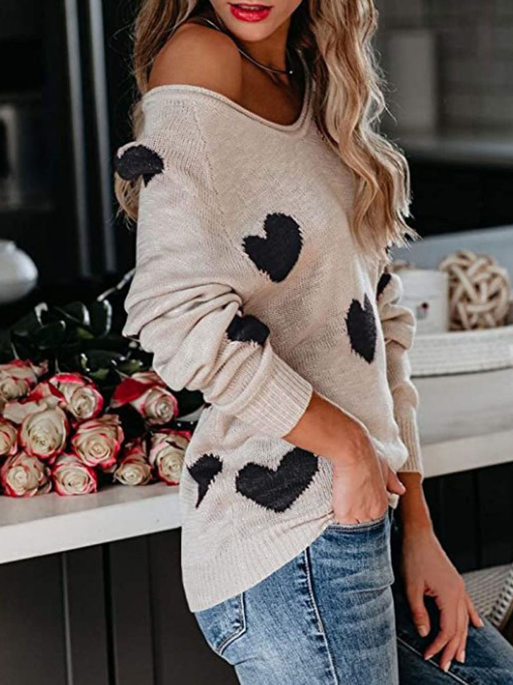 Valentine's Day V-neck Knit Sweater