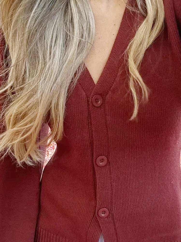 Color V-neck Button-up Knit Cardigan