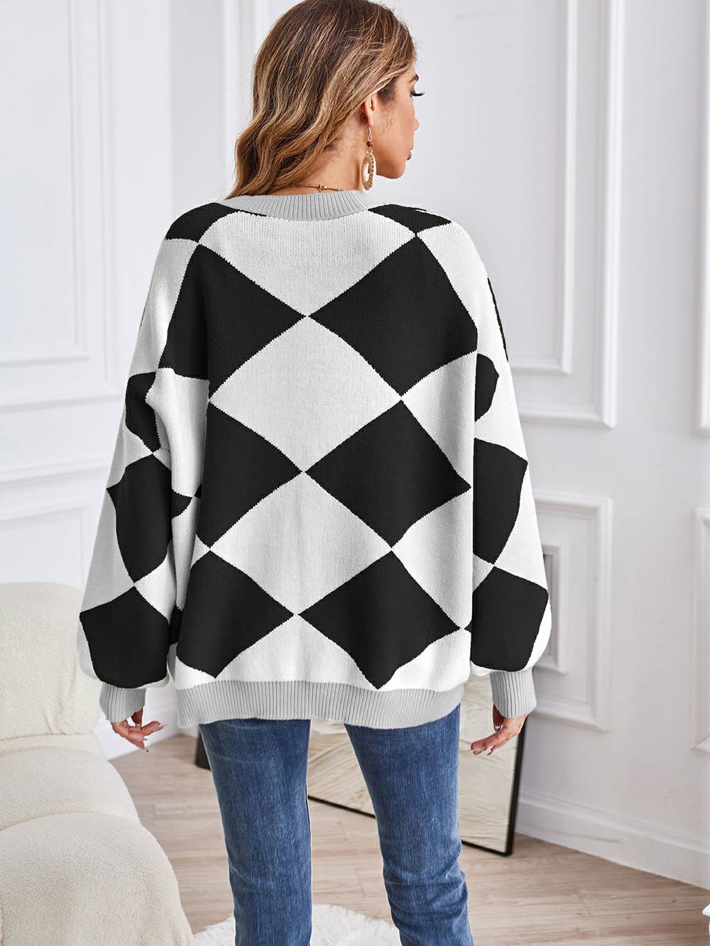 V-neck Geometric Color Block Knit Cardigan