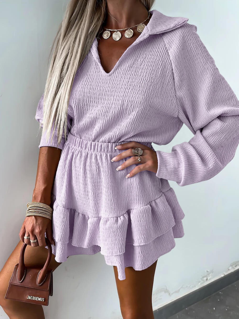 V-neck Shirt and Flared Skort Two-piece Set