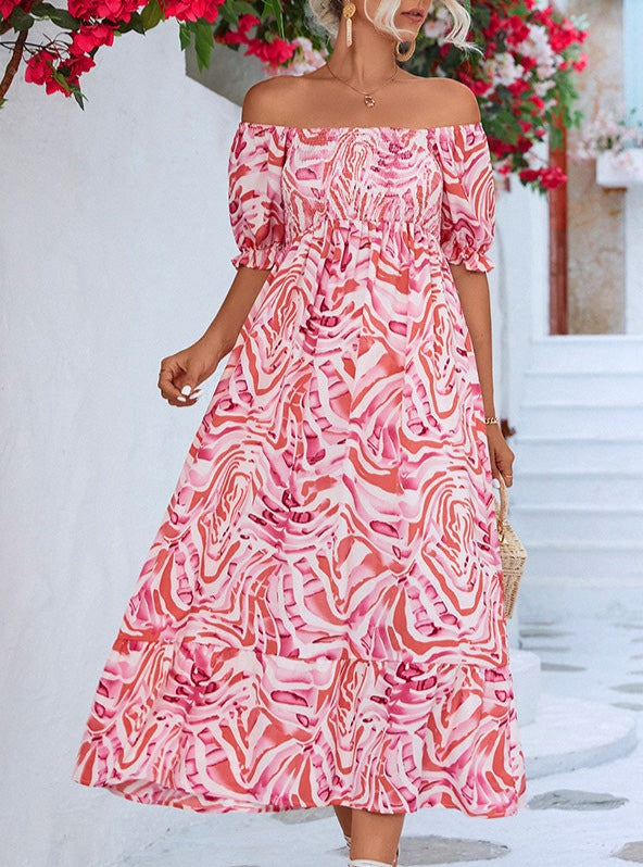Smocked Print Off the Shoulder Midi Dress