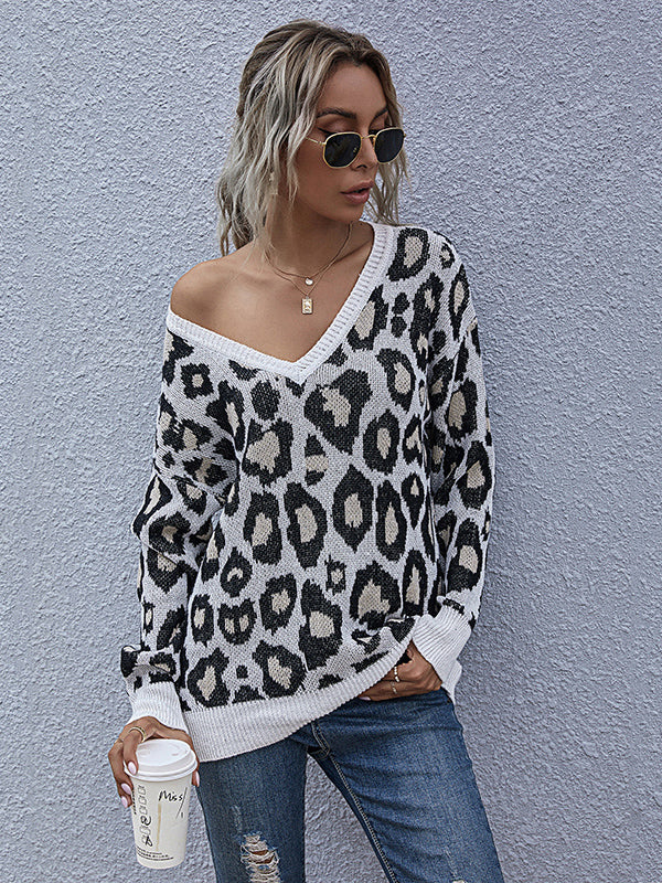 V-neck Leopard Print Knit Sweater