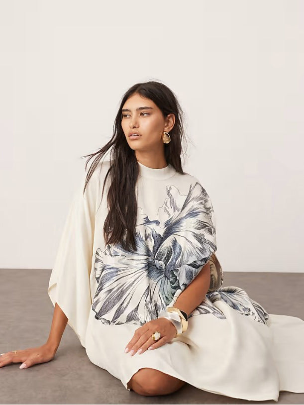 Oversized Print High Neck Asymmetric Hem Midi Dress