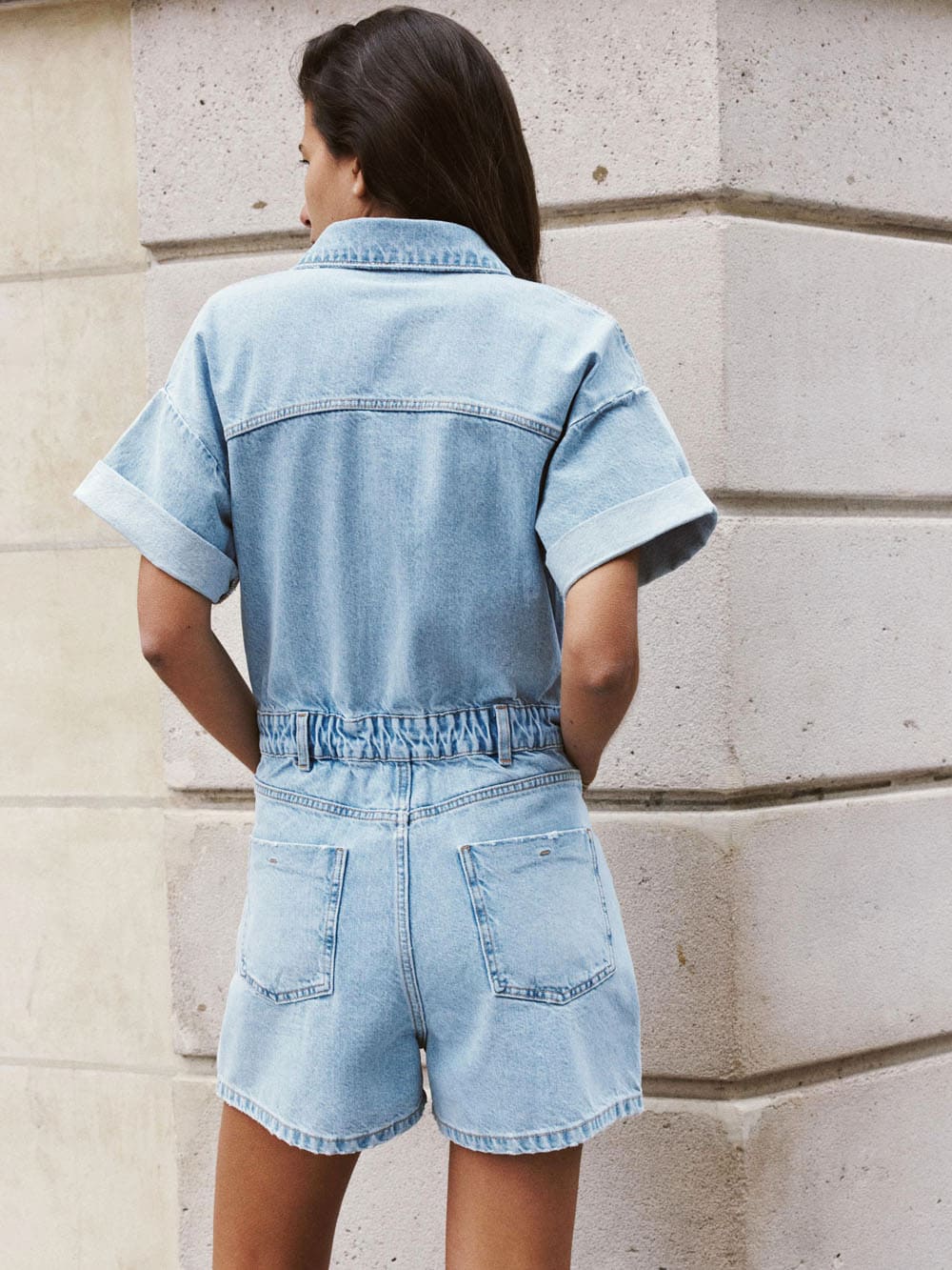 Mini Denim Cuffed-romper-blue