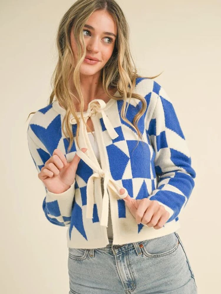 Geometric Print Lace-up Cardigan Sweater