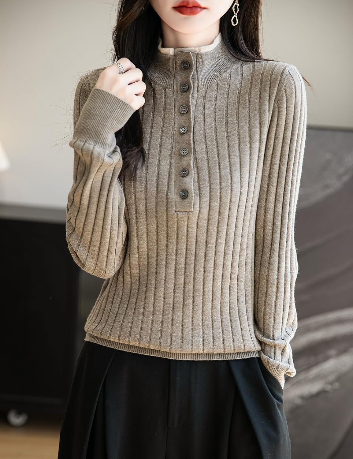 Merino Wool Blend Color Block Stand Collar Sweater