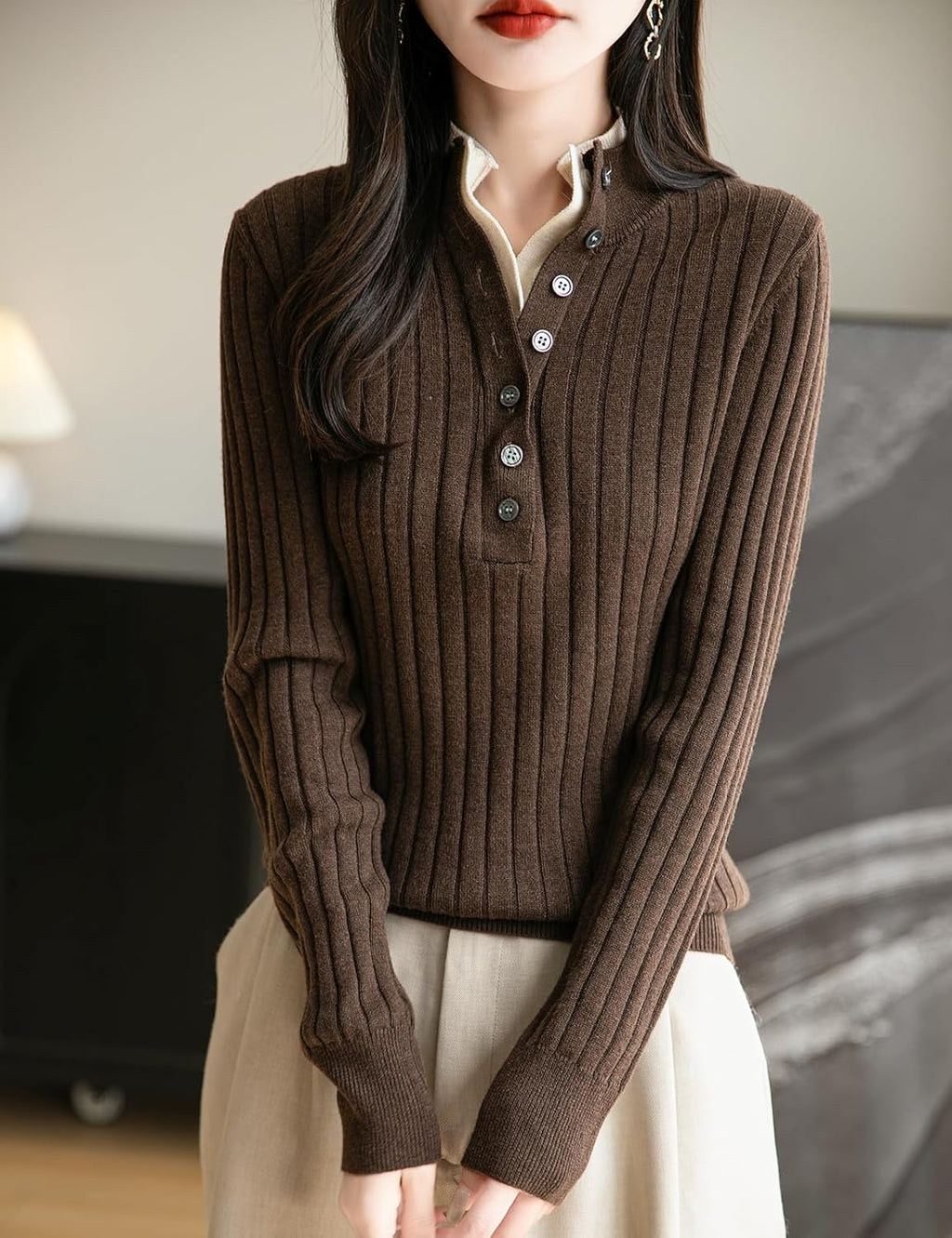 Merino Wool Blend Color Block Stand Collar Sweater