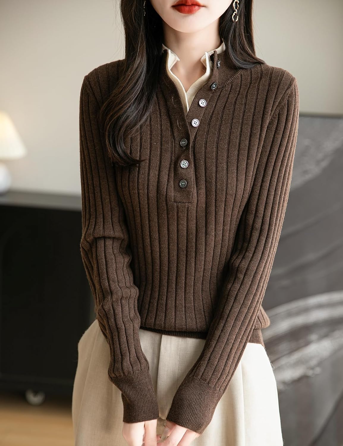 Merino Wool Blend Color Block Stand Collar Sweater