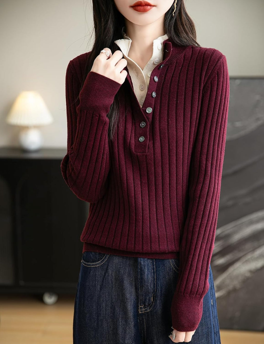 Merino Wool Blend Color Block Stand Collar Sweater