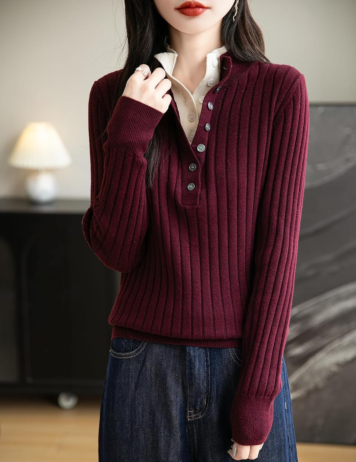 Merino Wool Blend Color Block Stand Collar Sweater