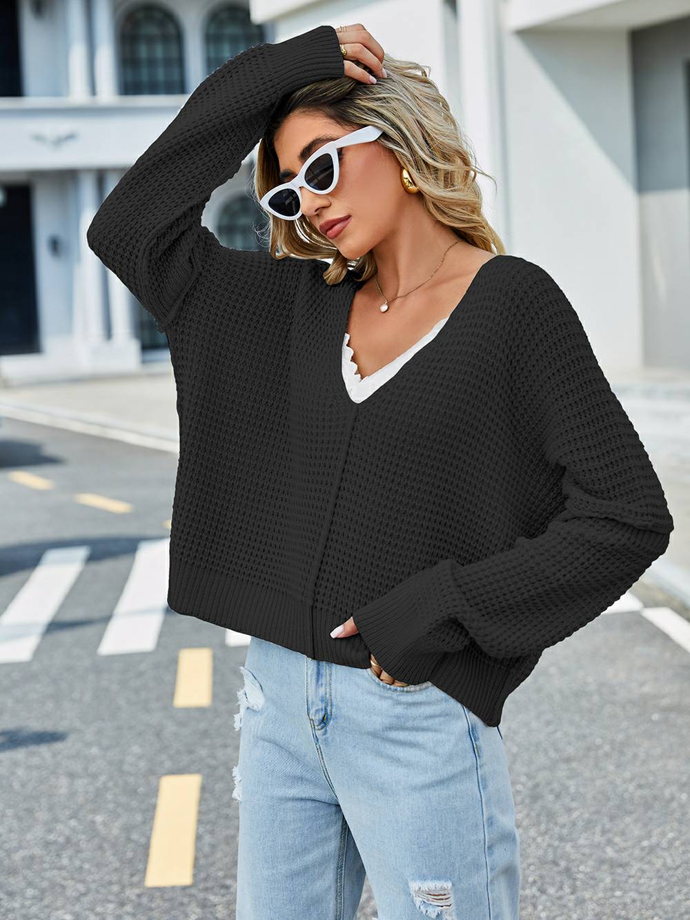 V-neck Color Off-shoulder Knit Sweater