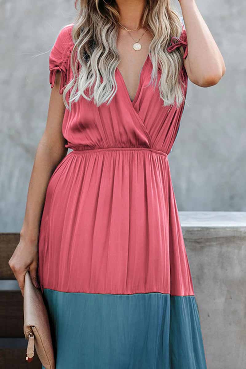 Summer Loose Multicolor Stitching V-neck Short Sleeves Midi Dress