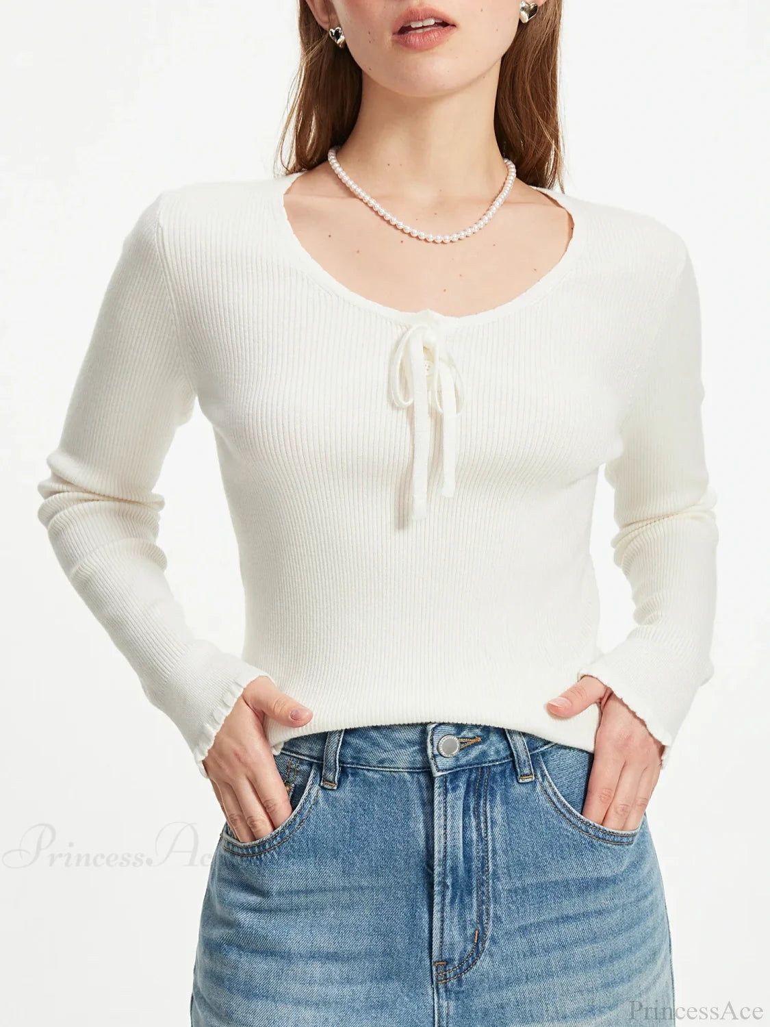 3.9% Wool U - Neck Lace - Up Slim Sweater