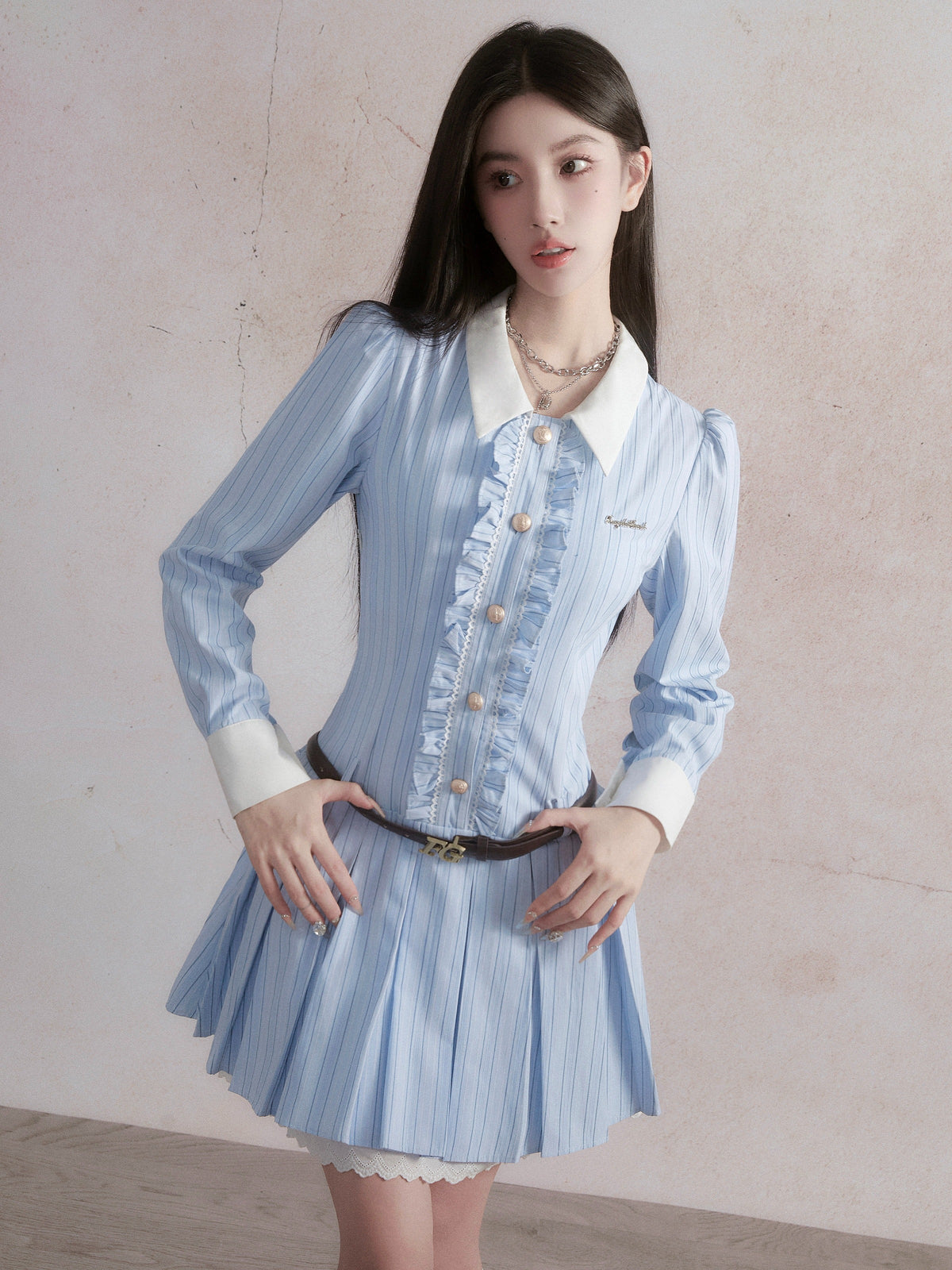 -inspired Ruffled Chambray Mini Dress With Belt