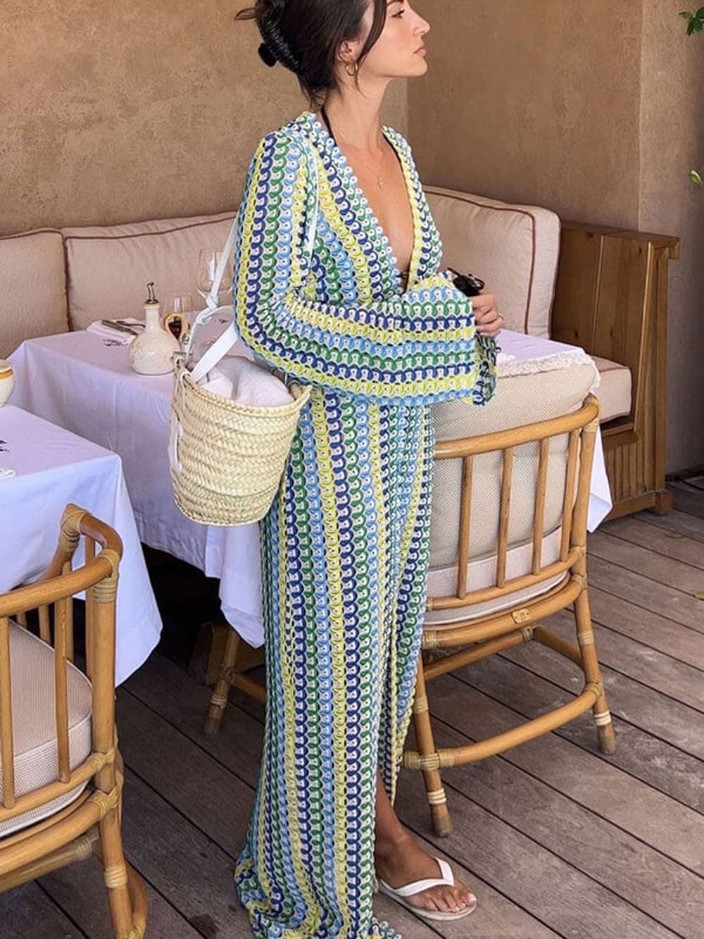 V Neck Bell Sleeve Wavy Striped Crochet Beach Vacation Maxi Dress - Yellow