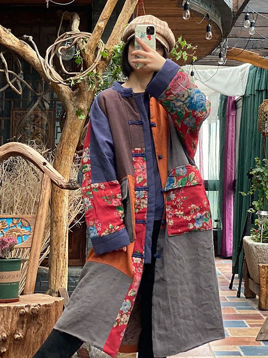 100% Cotton Stand Collar Patchwork Long Coat Qu014