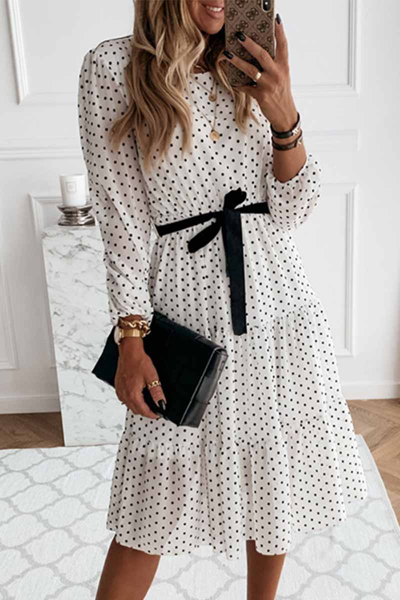 Dot Print Round Neck Tie Midi Dress
