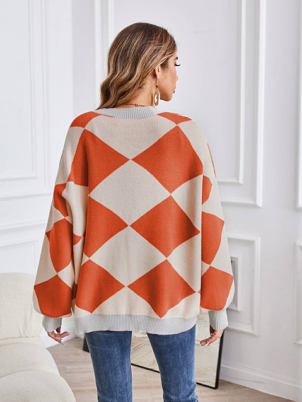 V-neck Geometric Color Block Knit Cardigan