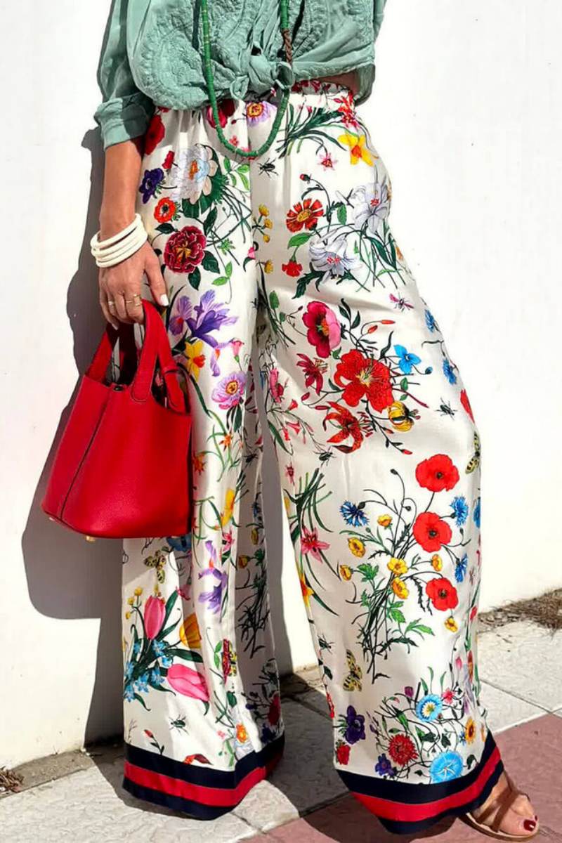 Unique Print Elastic Waist Pocketed Wide Leg Pants-set