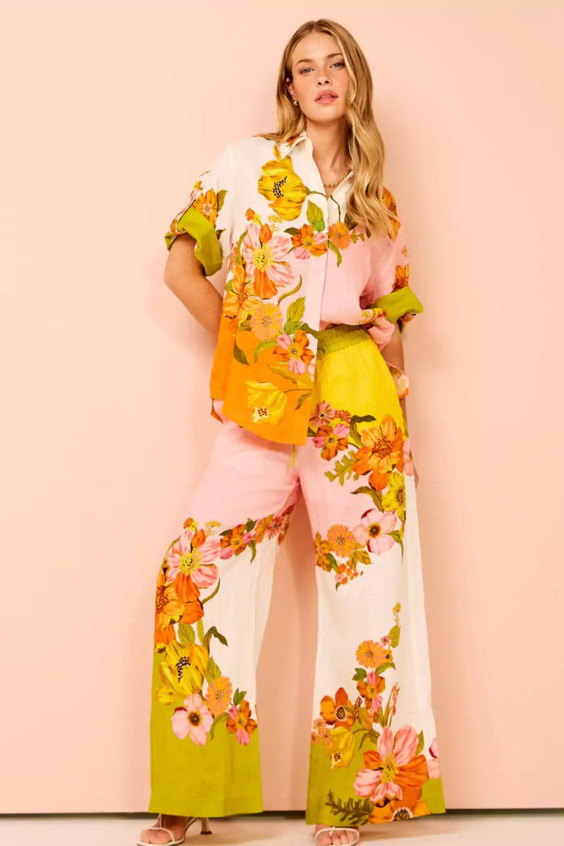 Unique Print Elastic Waist Pocketed Wide Leg Pants-set