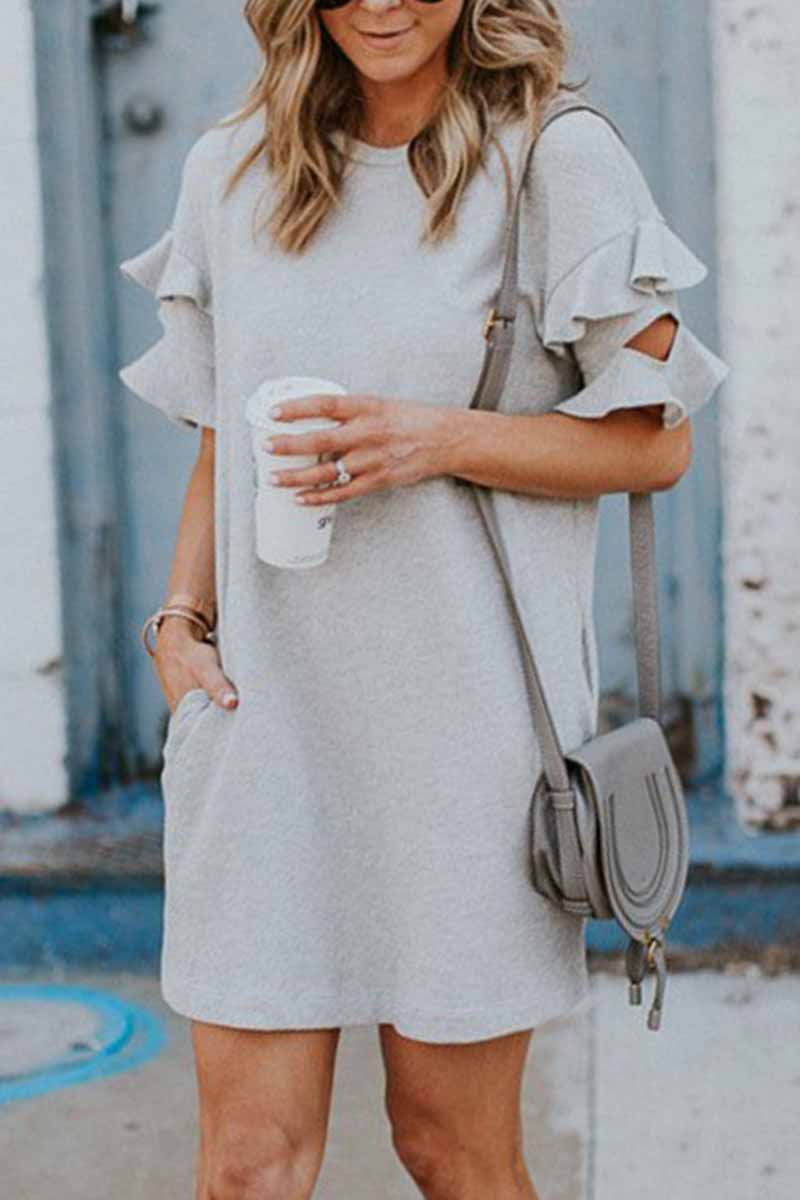 Color O-neck Ruffle Mini Dress