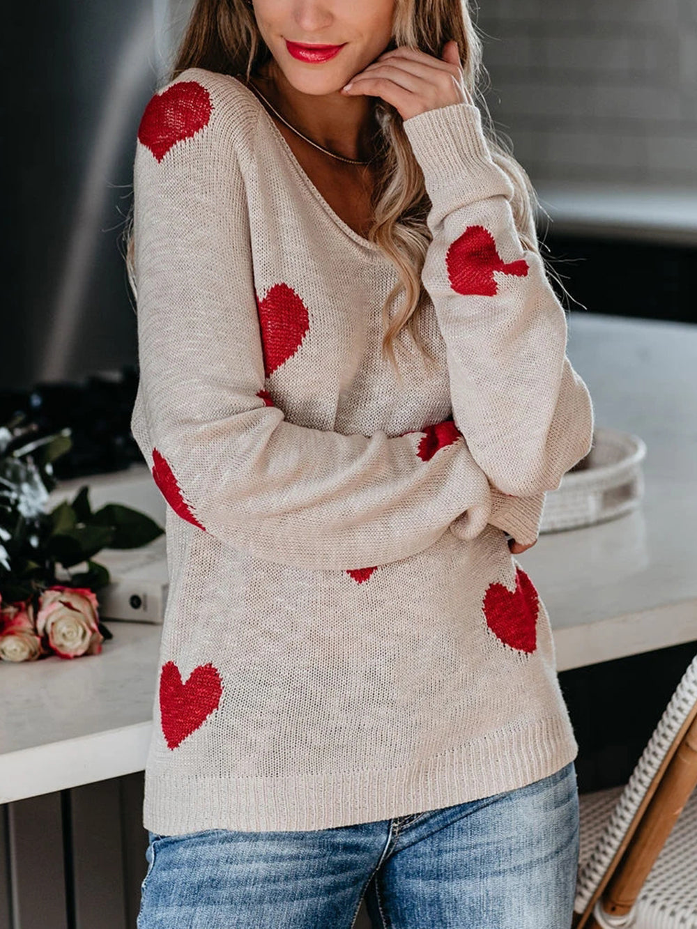 Valentine's Day V-neck Knit Sweater