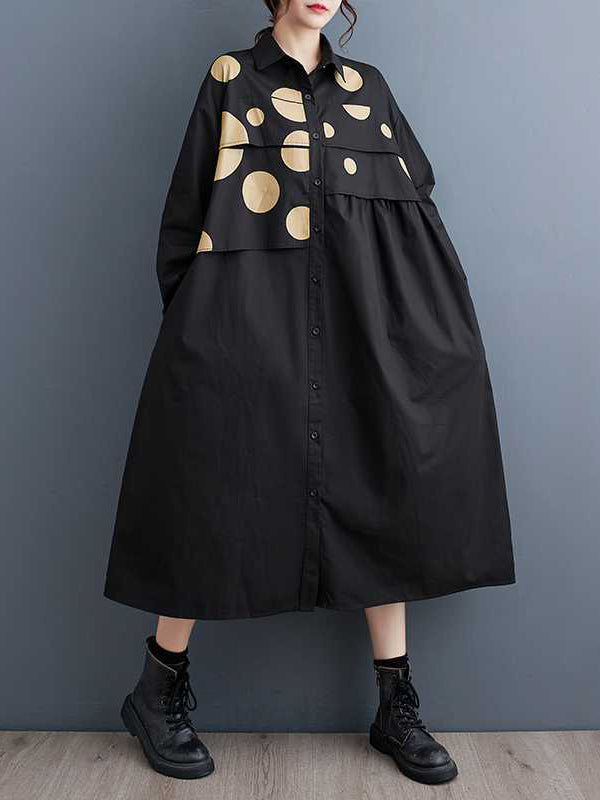 A-line Long Sleeves Asymmetric Buttoned Polka Dot Split-joint Lapel Midi Dresses