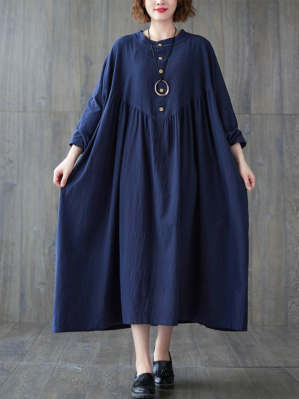 Loose Puff Sleeves Pleated Color Stand Collar Midi Dresses
