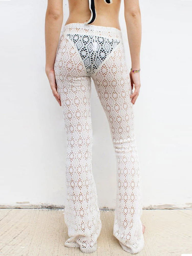 Hollow Out White High Waist ’s Pants Printed See-through Beach Holiday Straight Trousers Y2k Pants
