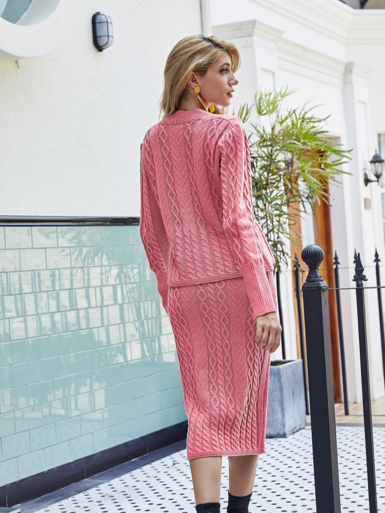 Knit V-neck Sweater & Bodycon Skirt Set