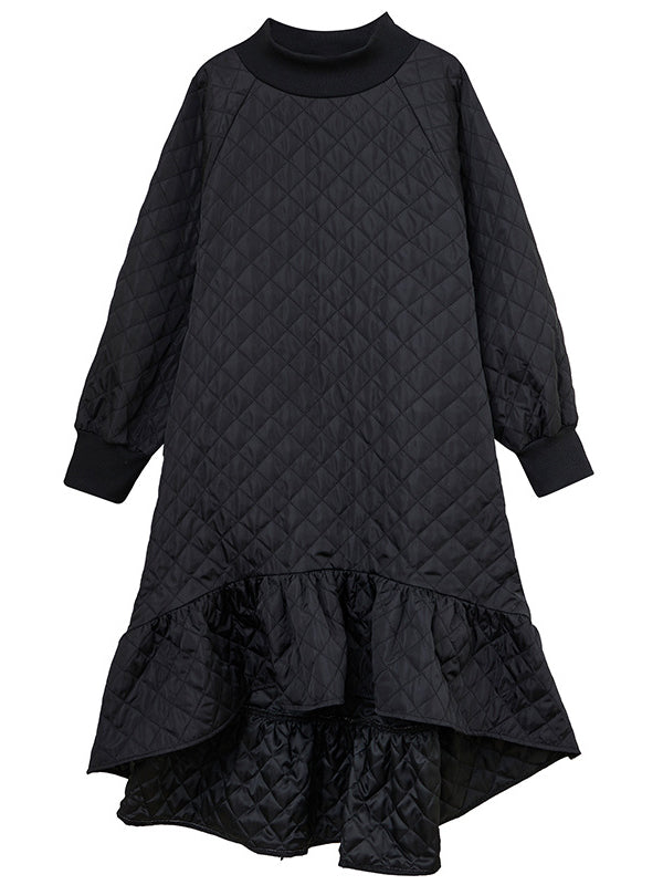 Long Sleeves A-line Rhombic Falbala High-neck Midi Dresses