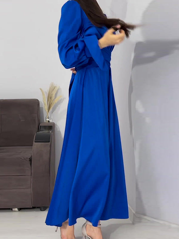 A-line Long Sleeves Pleated Color Tied Waist Zipper Mock Neck Maxi Dresses